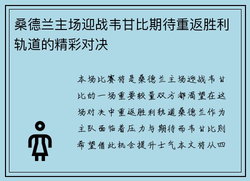 桑德兰主场迎战韦甘比期待重返胜利轨道的精彩对决