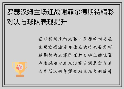 罗瑟汉姆主场迎战谢菲尔德期待精彩对决与球队表现提升